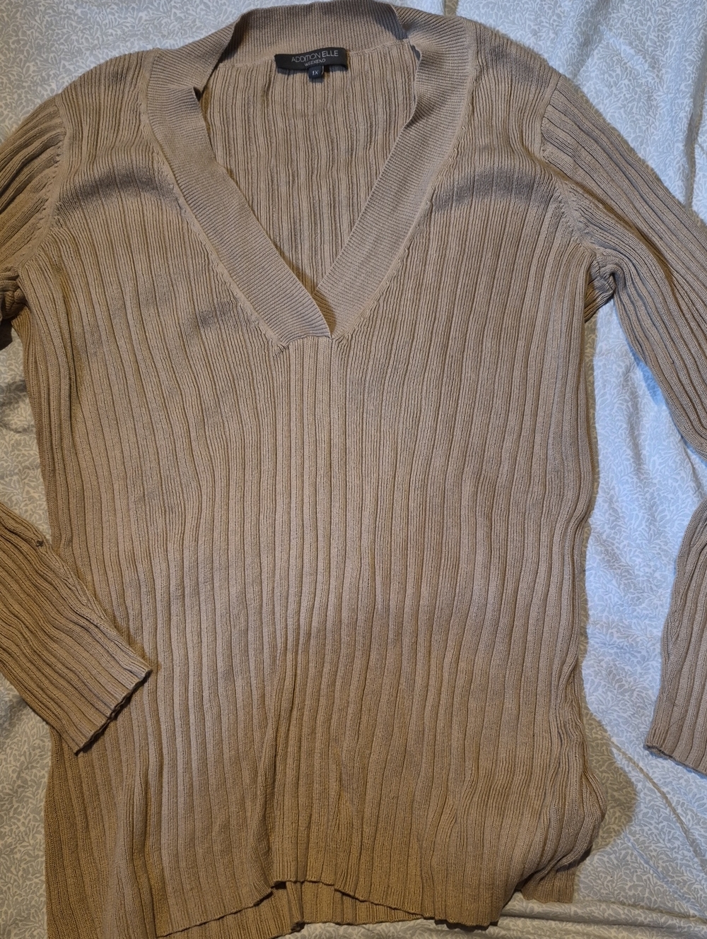 Addition Elle Ribbed V-Neck Sweater in Taupe